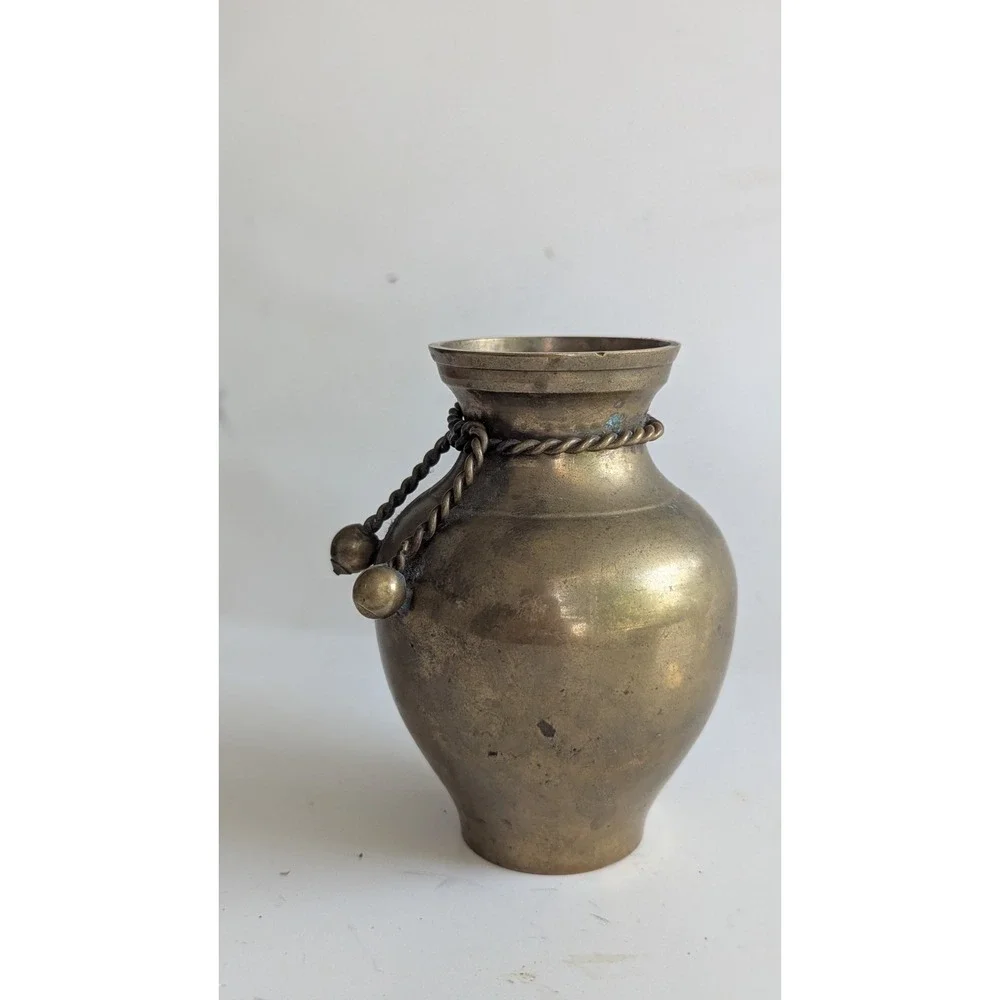 Vintage Brass Bud Vase with Twisted Rope Accent and Sphere Finials Patina 4.75